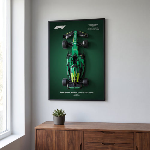 Aston Martin AMR26 F1 wall art backdrop with LEGO Technic F1 car mounted on wall