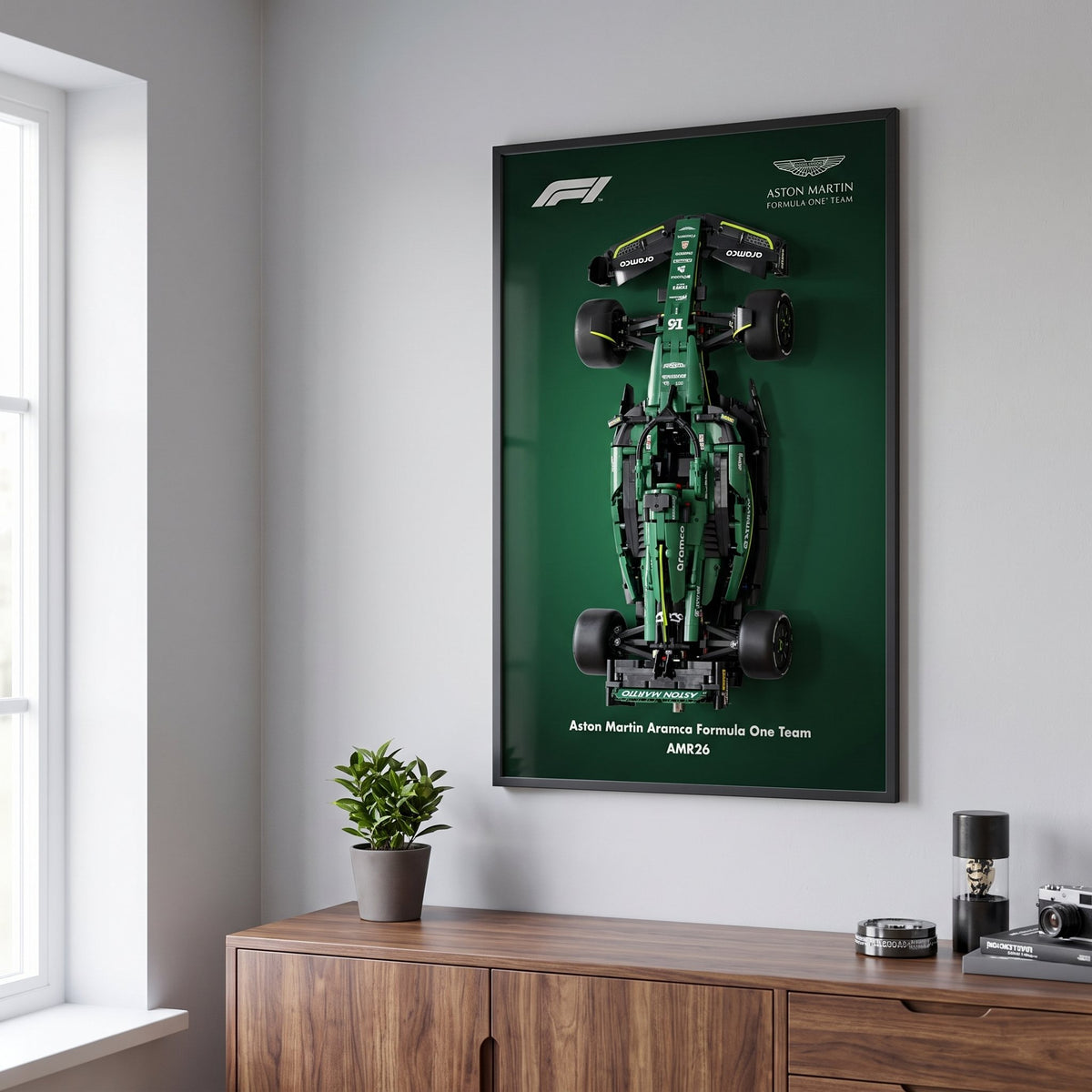 Aston Martin AMR26 F1 wall art backdrop with LEGO Technic F1 car mounted on wall
