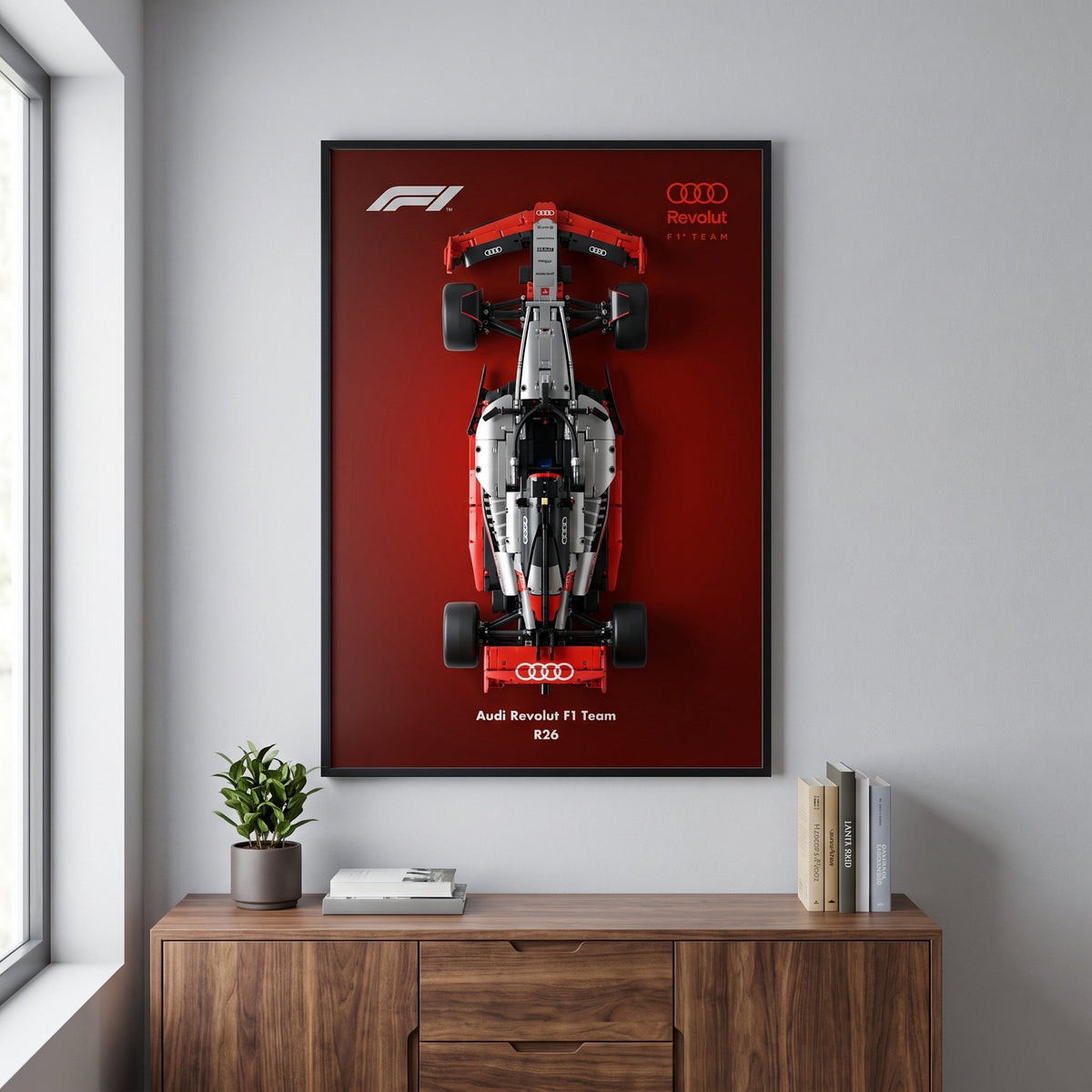 Audi Gradient F1 wall art backdrop with LEGO Technic F1 car mounted on wall