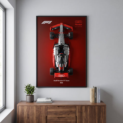 Audi Gradient F1 wall art backdrop with LEGO Technic F1 car mounted on wall
