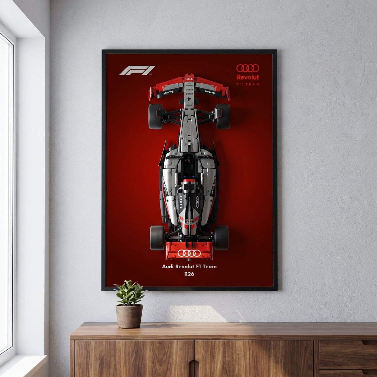 Audi Gradient F1 wall art backdrop with LEGO Technic F1 car mounted on wall