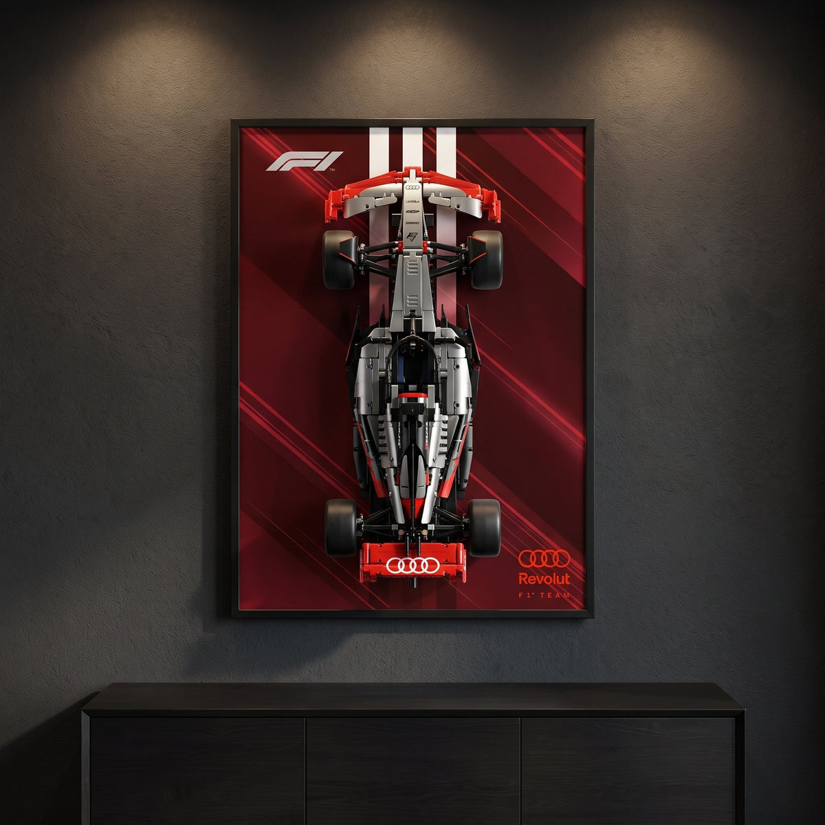Audi Racing Stripes F1 wall art backdrop with LEGO Technic F1 car mounted on wall