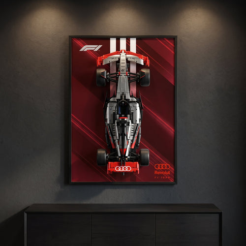 Audi Racing Stripes F1 wall art backdrop with LEGO Technic F1 car mounted on wall