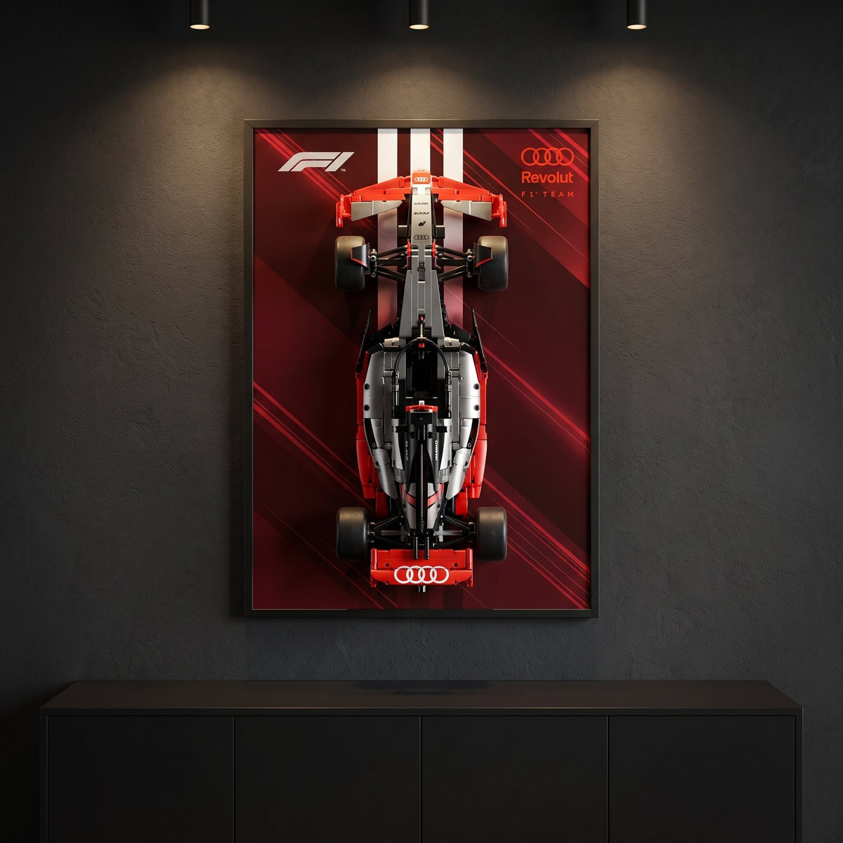 Audi Racing Stripes F1 wall art backdrop with LEGO Technic F1 car mounted on wall