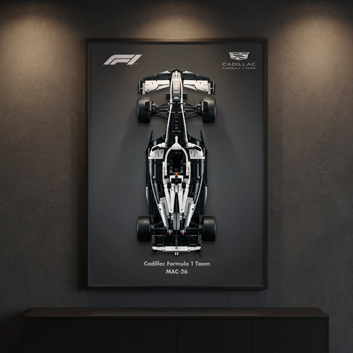 Cadillac Gradient F1 wall art backdrop with LEGO Technic F1 car mounted on wall