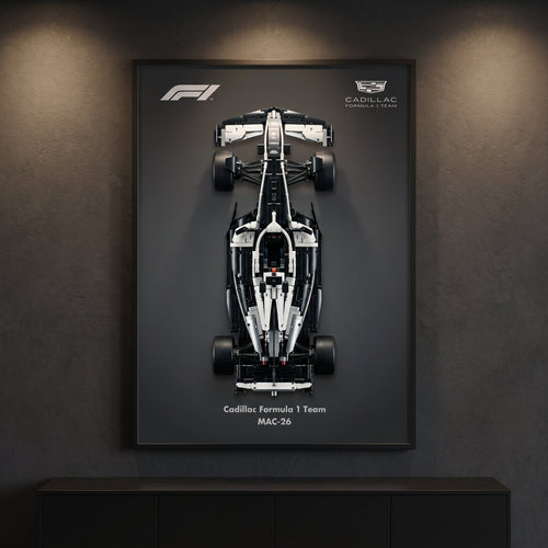 Cadillac Gradient F1 wall art backdrop with LEGO Technic F1 car mounted on wall