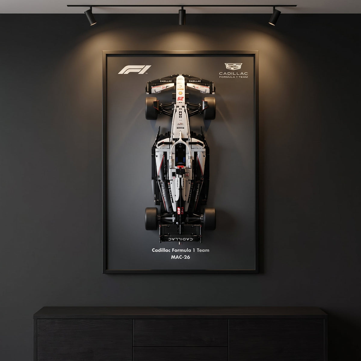 Cadillac Gradient F1 wall art backdrop with LEGO Technic F1 car mounted on wall