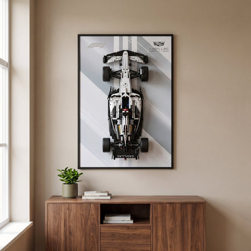Cadillac Racing Stripes F1 wall art backdrop with LEGO Technic F1 car mounted on wall