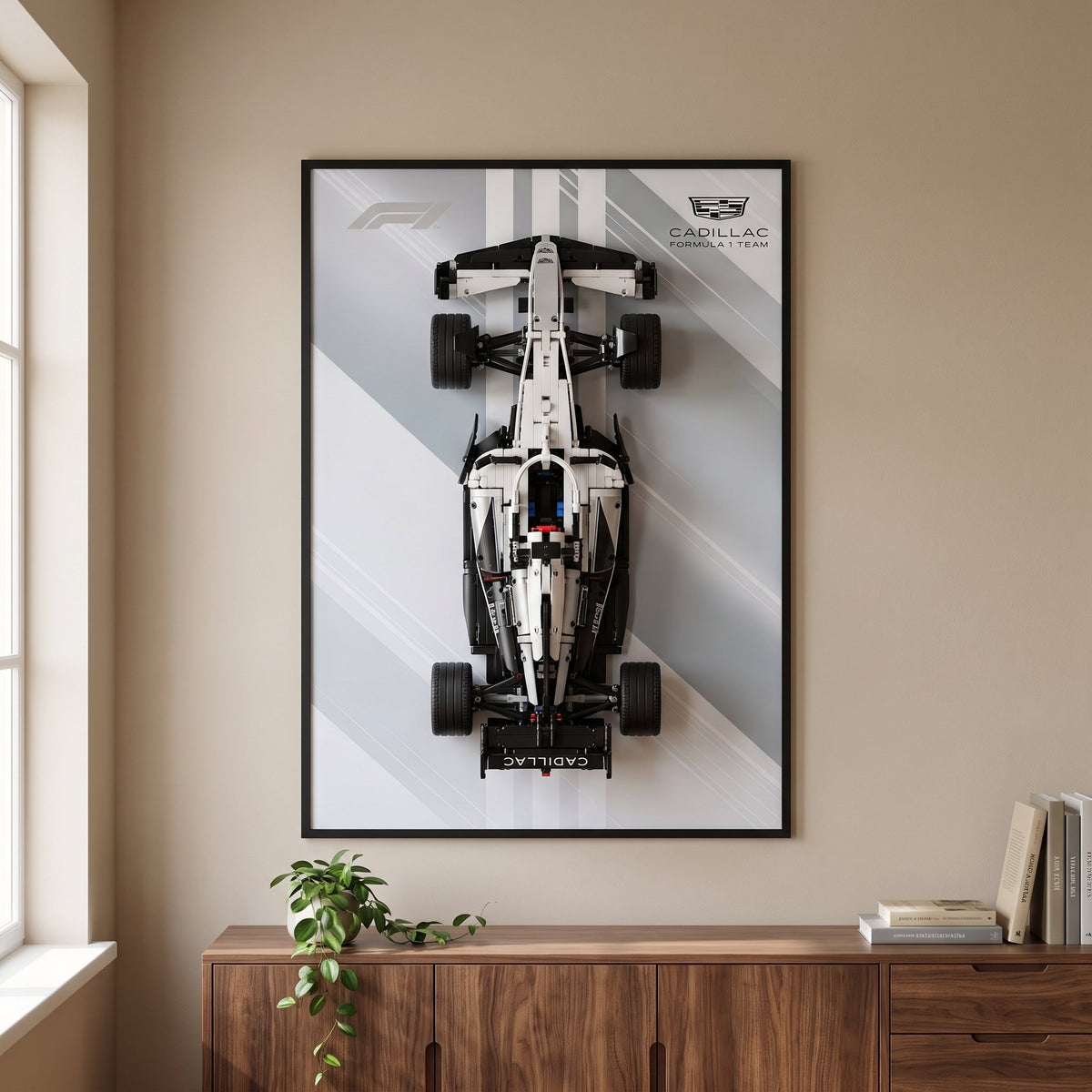 Cadillac Racing Stripes F1 wall art backdrop with LEGO Technic F1 car mounted on wall