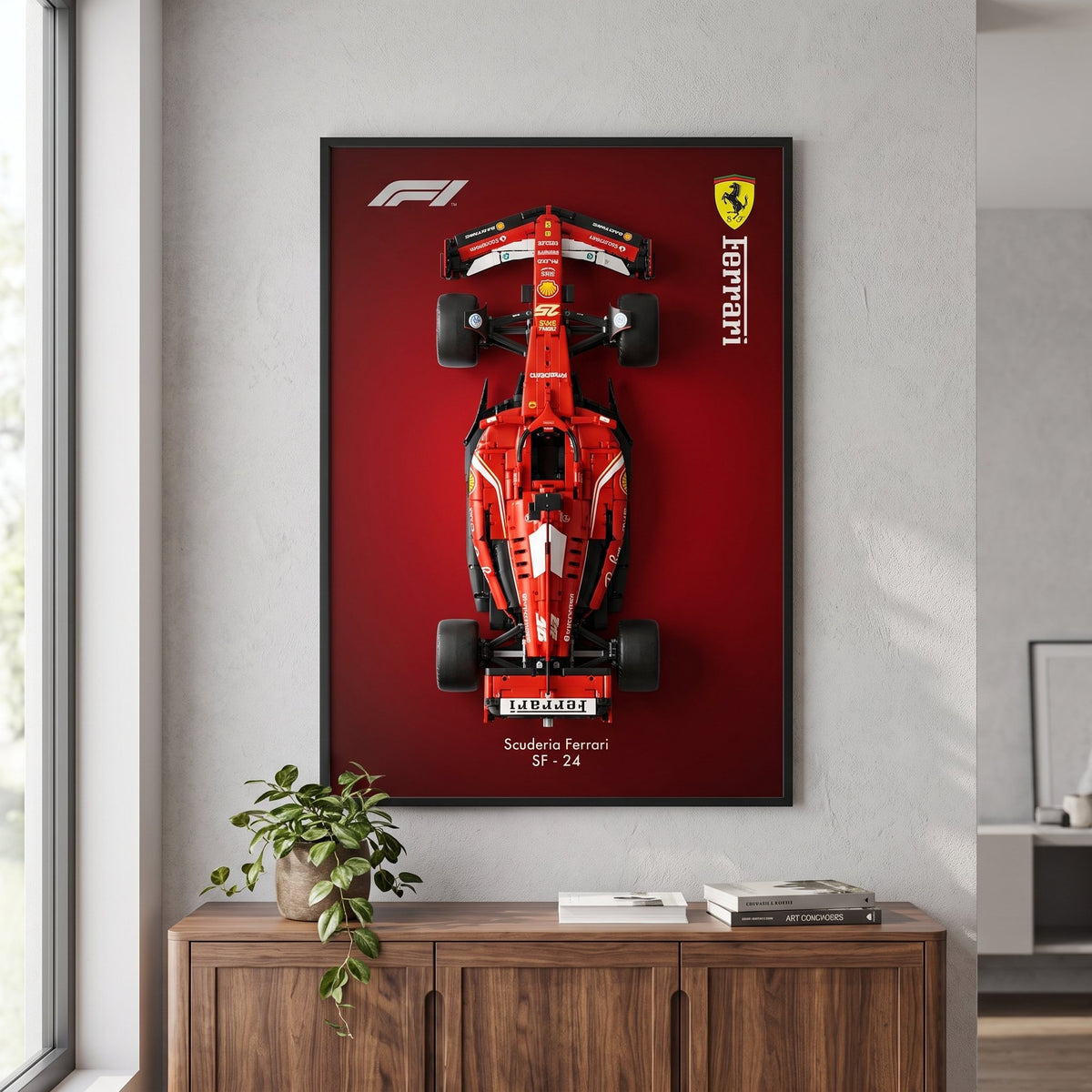 Ferrari SF-24 (LEGO 42207 edition) F1 wall art backdrop with LEGO Technic F1 car mounted on wall