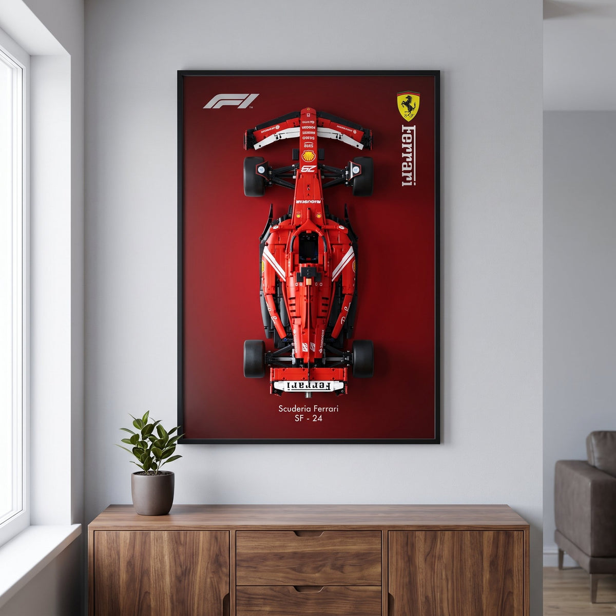 Ferrari SF-24 (LEGO 42207 edition) F1 wall art backdrop with LEGO Technic F1 car mounted on wall