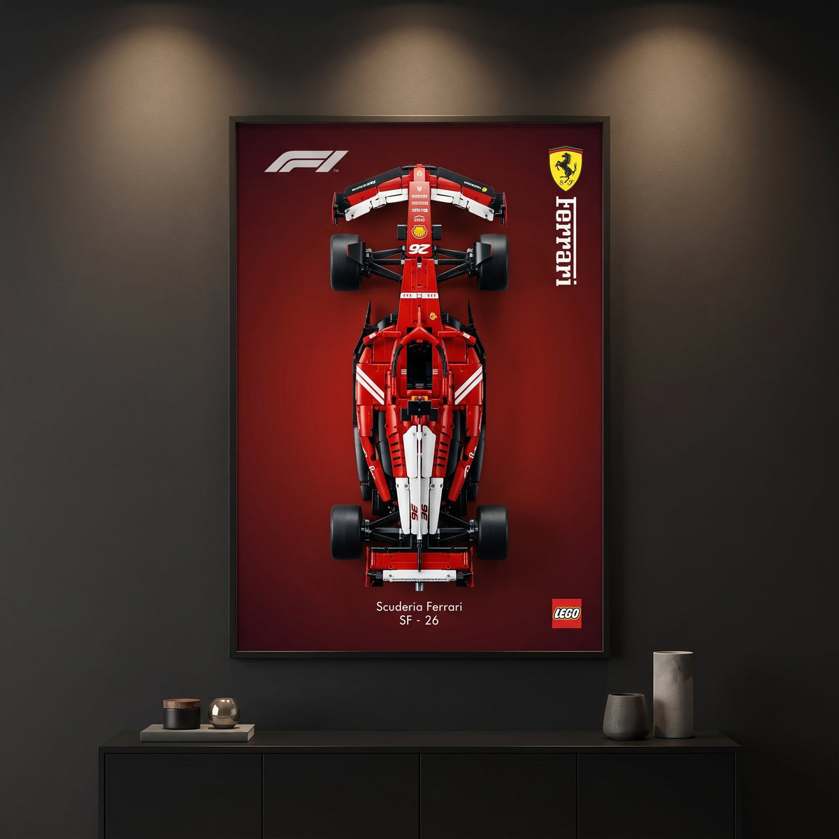 Ferrari SF-26 (2026 livery) F1 wall art backdrop with LEGO Technic F1 car mounted on wall