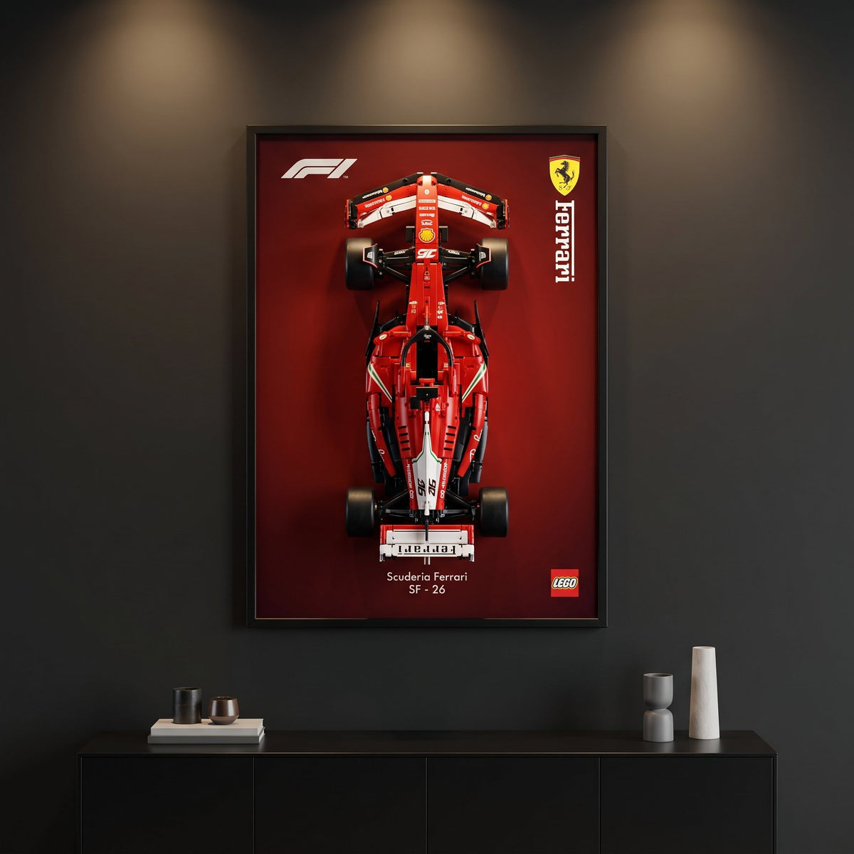 Ferrari SF-26 (2026 livery) F1 wall art backdrop with LEGO Technic F1 car mounted on wall