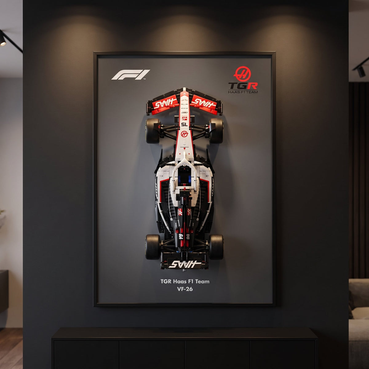 Haas VF-26 F1 wall art backdrop with LEGO Technic F1 car mounted on wall