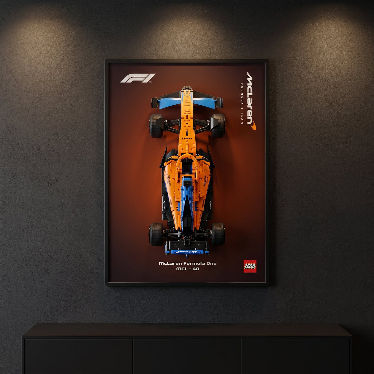 McLaren MCL40 F1 wall art backdrop with LEGO Technic F1 car mounted on wall