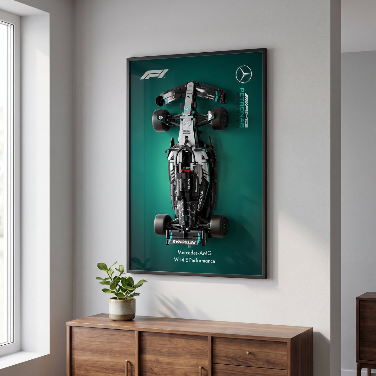Mercedes W14 (LEGO 42171 edition) F1 wall art backdrop with LEGO Technic F1 car mounted on wall