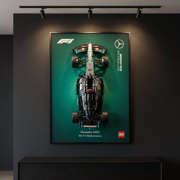 Mercedes W17 F1 wall art backdrop with LEGO Technic car mounted on wall