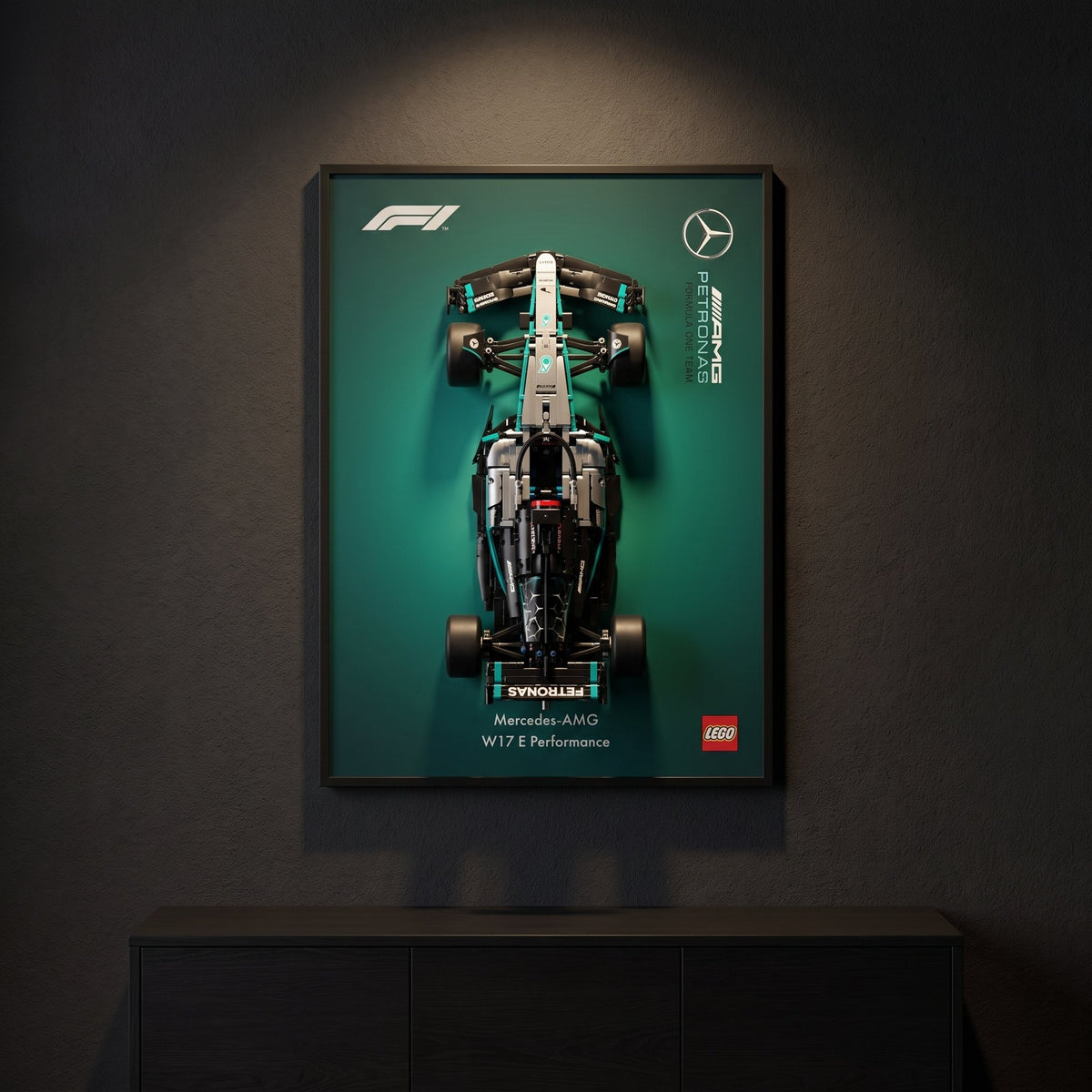 Mercedes W17 (2026 livery) F1 wall art backdrop with LEGO Technic F1 car mounted on wall