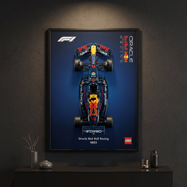 Red Bull RB22 F1 wall art backdrop with LEGO Technic car mounted on wall