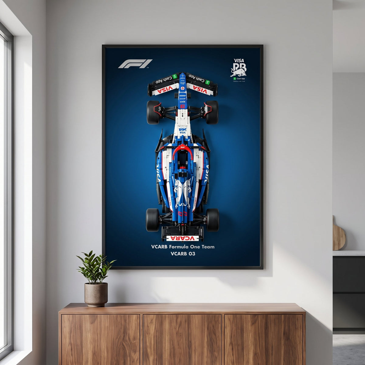 Racing Bulls Gradient F1 wall art backdrop with LEGO Technic F1 car mounted on wall