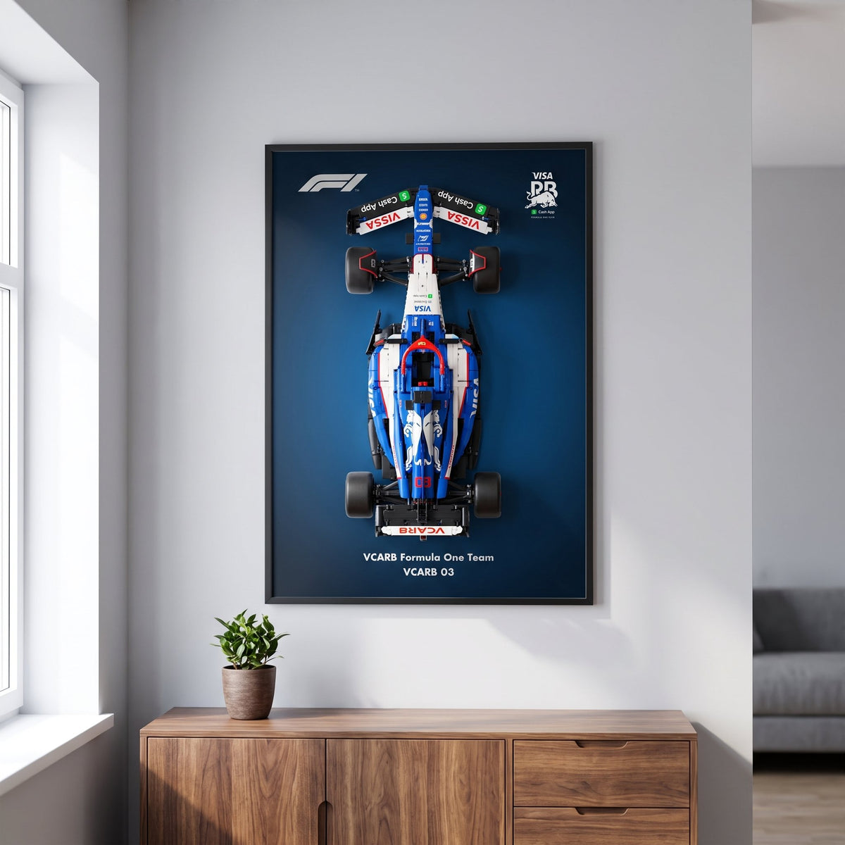 Racing Bulls Gradient F1 wall art backdrop with LEGO Technic F1 car mounted on wall