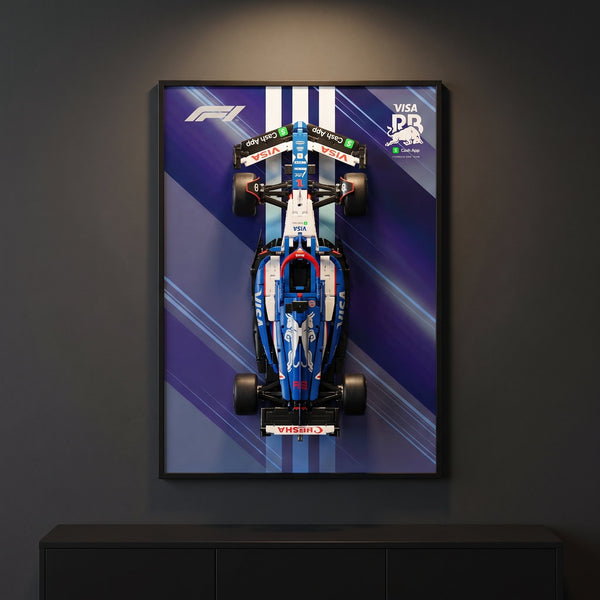 Racing Bulls VCARB 03 F1 wall art backdrop with LEGO Technic car mounted on wall