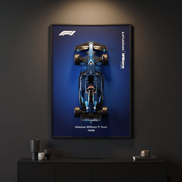 Williams FW48 F1 wall art backdrop with LEGO Technic car mounted on wall