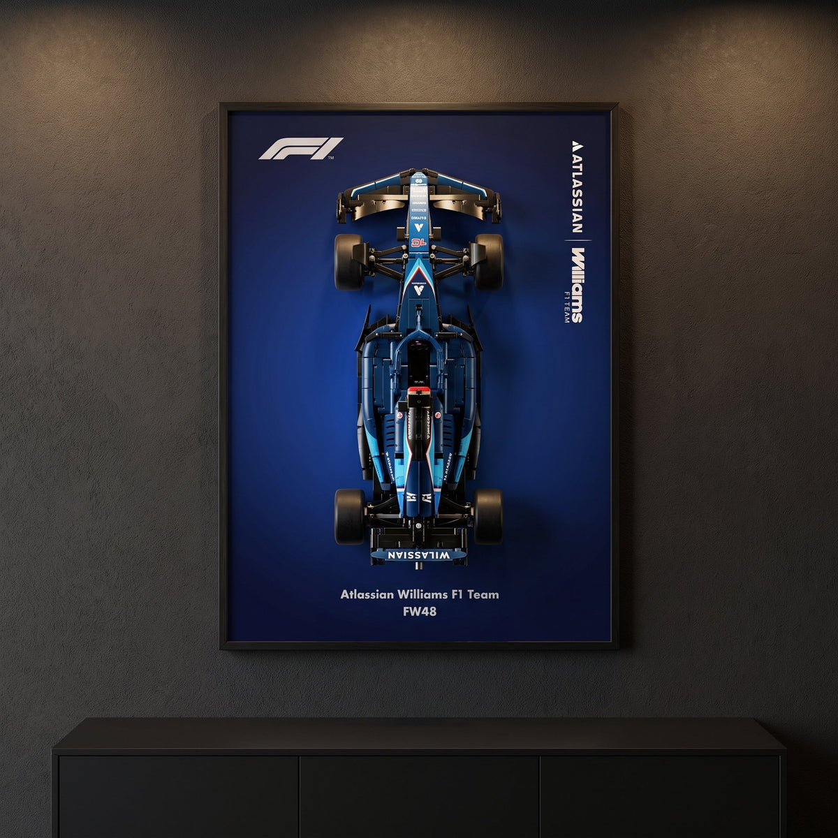 Williams FW48 F1 wall art backdrop with LEGO Technic F1 car mounted on wall